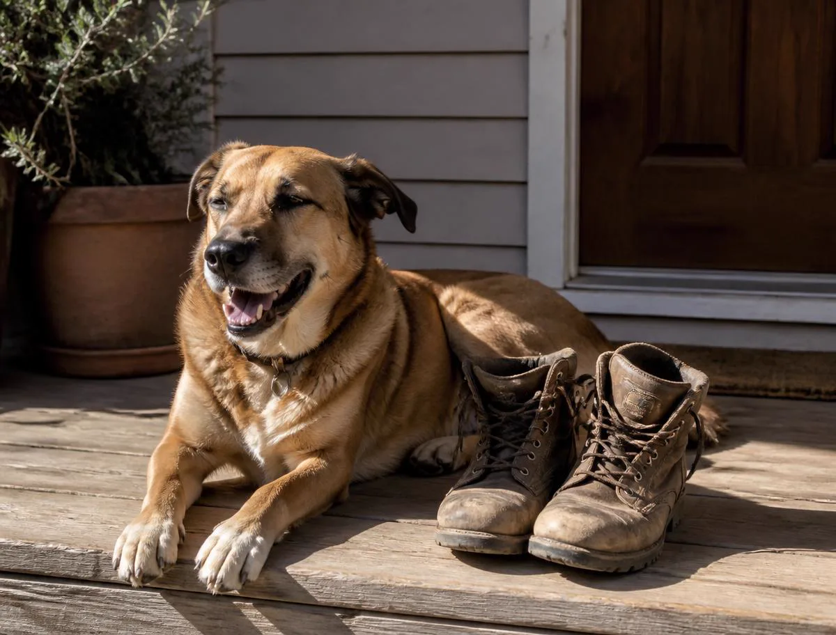 A relaxed dog lying on a rug in a sunlit living room