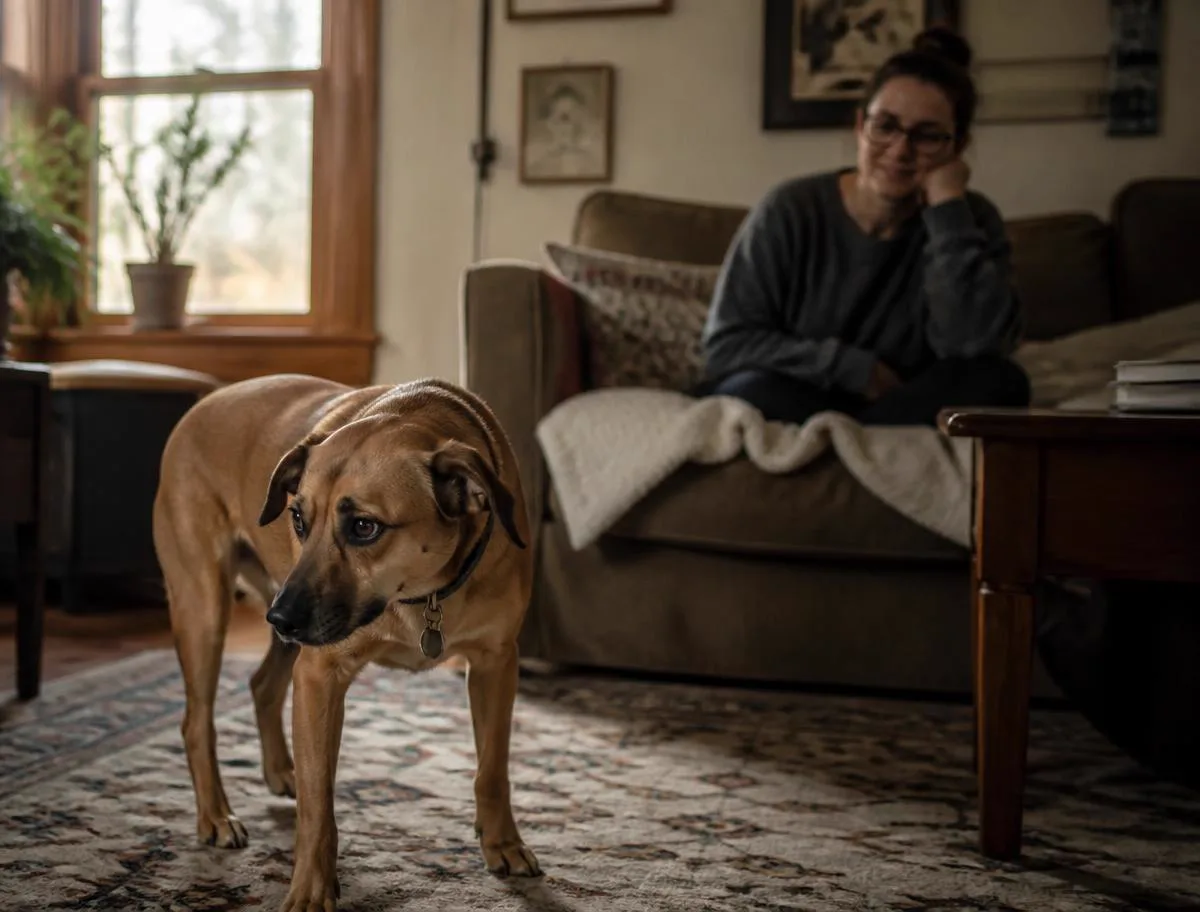 A newly adopted dog resting beside its person at home