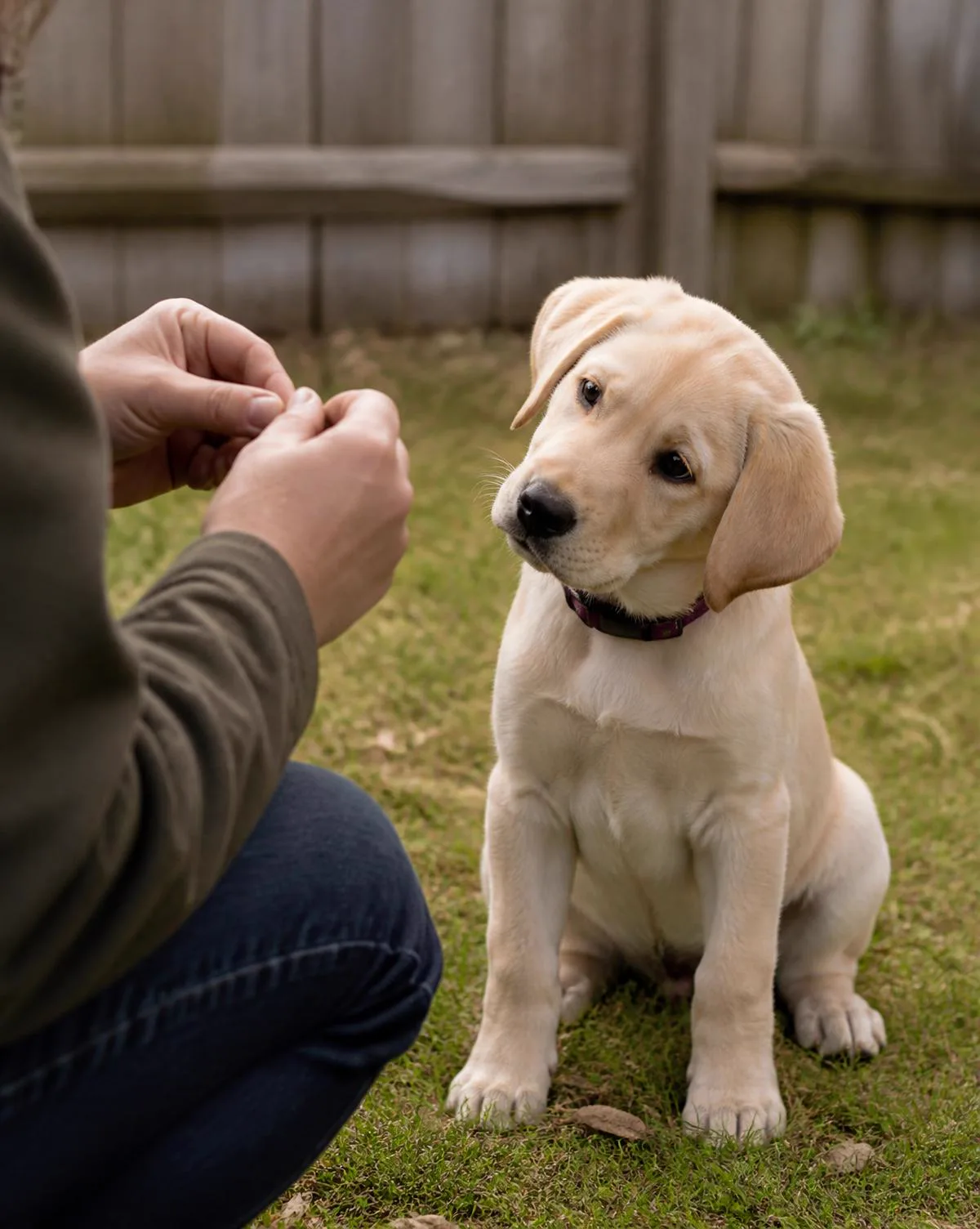A labrador puppy sitting attentively while a person offers a training treat