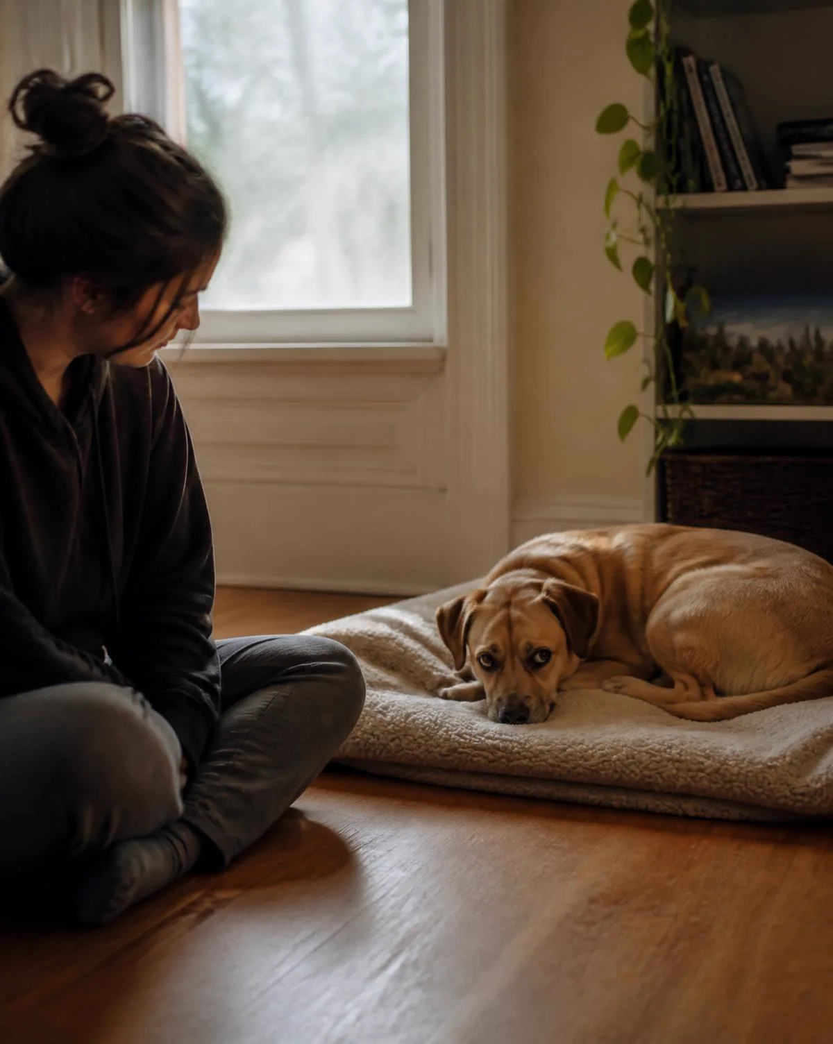 A rescue dog resting on a blanket while its person sits calmly nearby