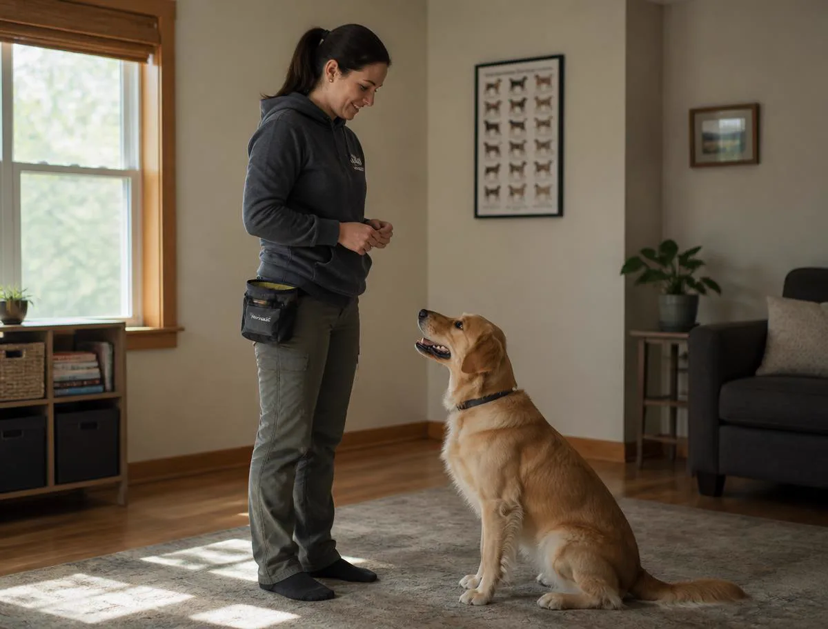 A professional trainer working one-on-one with a dog inside a home