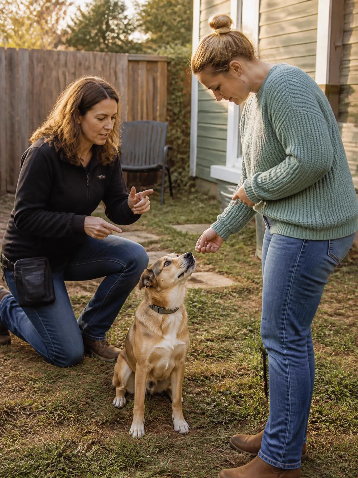 A trainer guiding a dog owner through a private lesson in a backyard