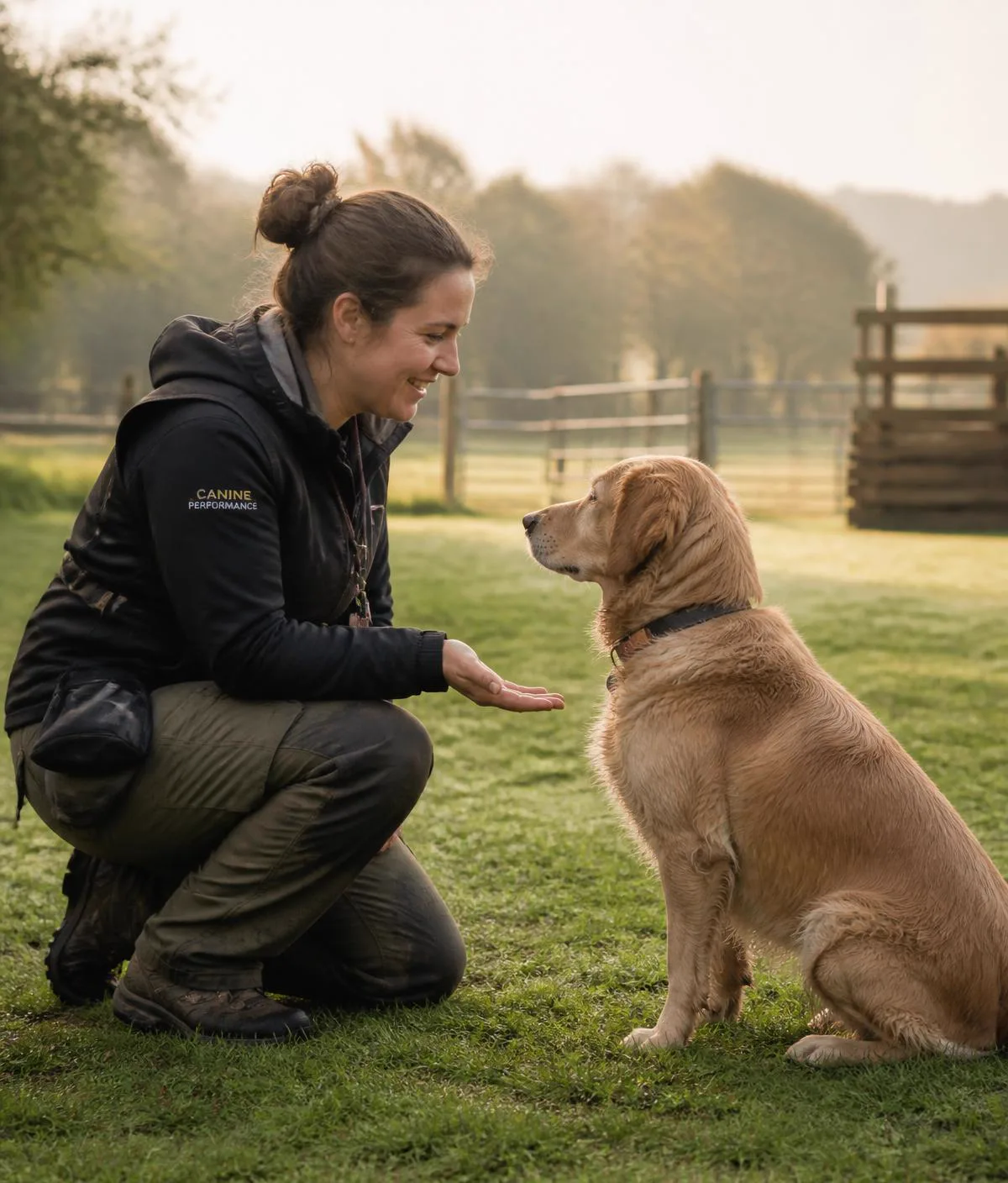 A trainer kneeling calmly beside an attentive dog on a lawn
