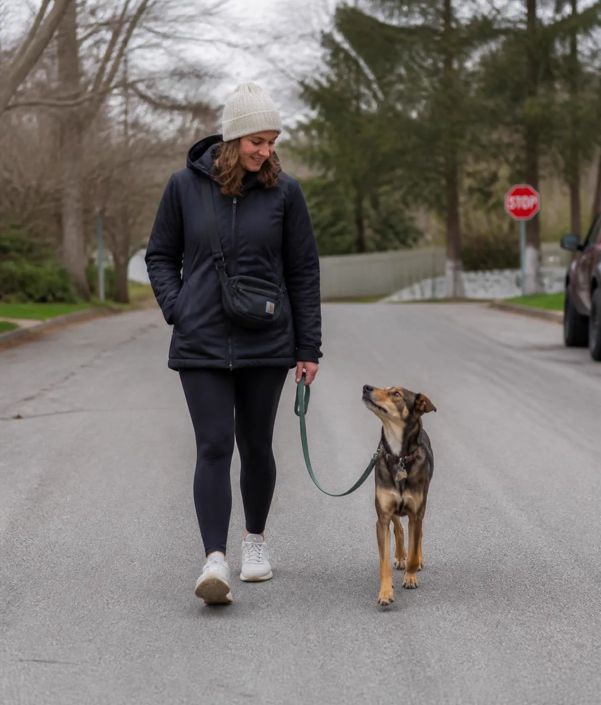 An owner and dog practicing loose-leash walking on a tree-lined path